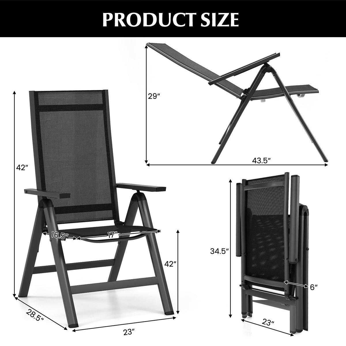 Outdoor Dining Chair with Soft Padded Seat and 7-Position Adjustable