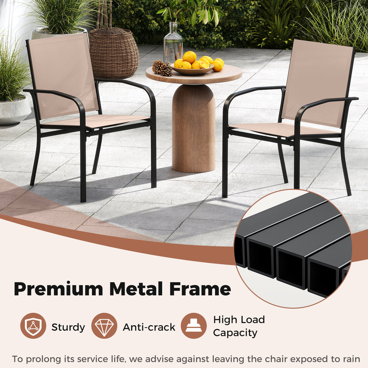 Outdoor Dining Chairs Set of 2 with High Back and Metal Frame