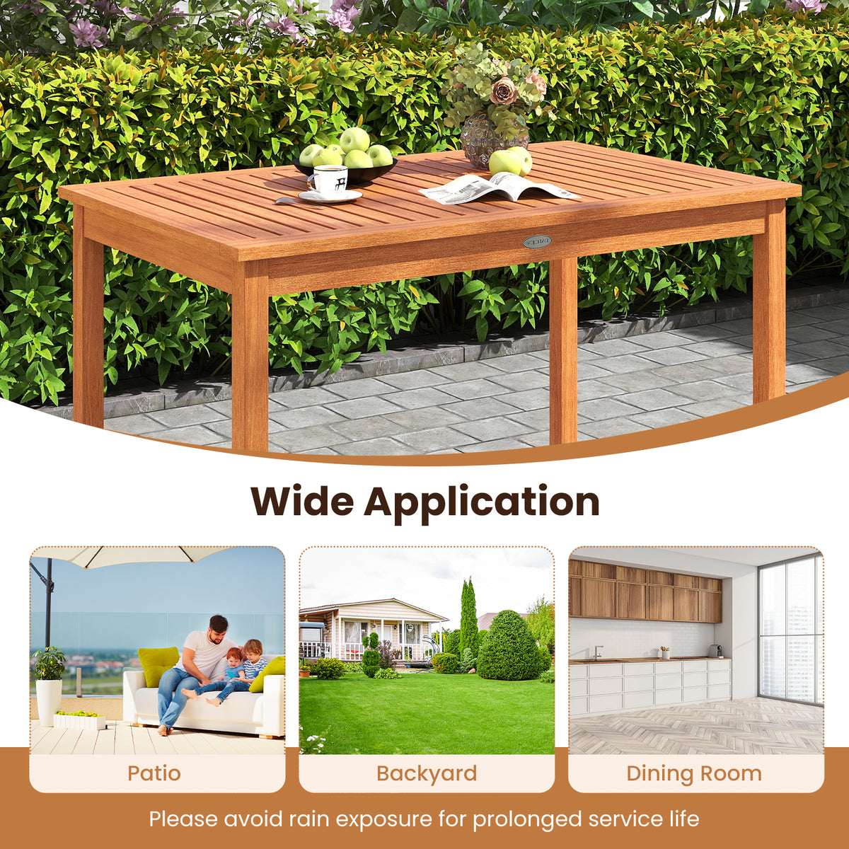 Outdoor Dining Table for 4-6 People 48 Inches Wood Rectangular Patio