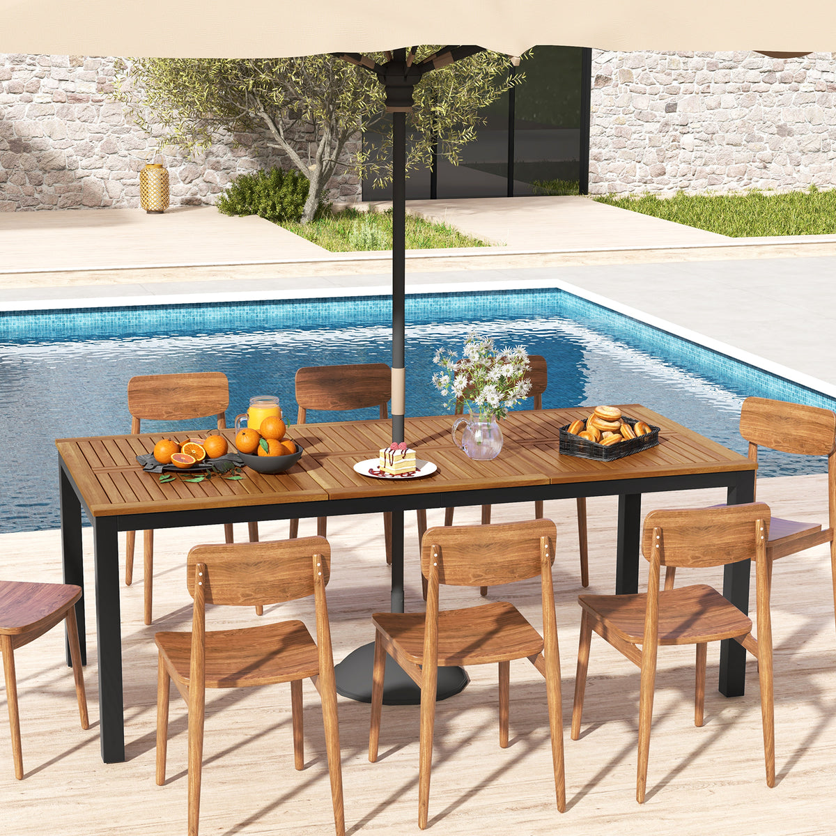 8-Person Acacia Wood Outdoor Dining Table 79" x 35.5" with Umbrella Hole