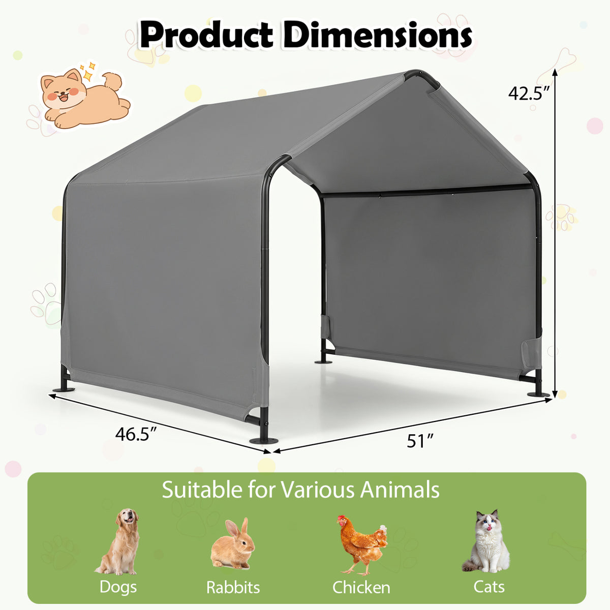 Dog Shade Shelter with Waterproof Roof - Gray, Large Medium Small Breeds