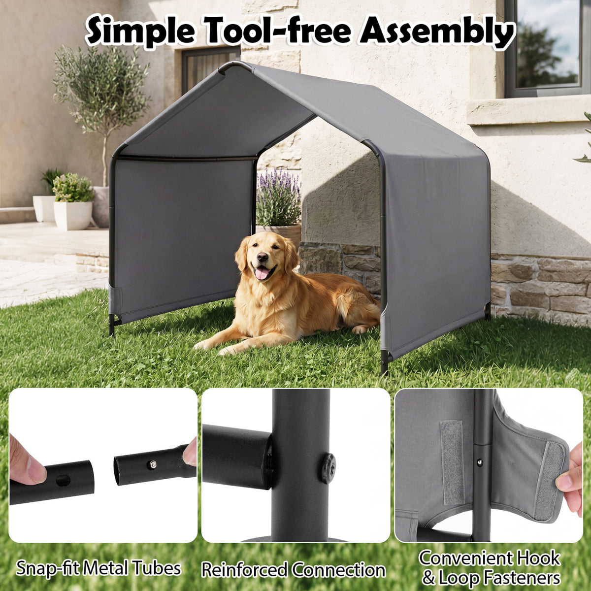 Dog Shade Shelter with Waterproof Roof - Gray, Large Medium Small Breeds