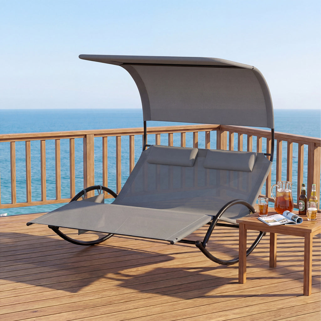 2-Person Outdoor Rocking Sunbed with Canopy & Headrests – Gray