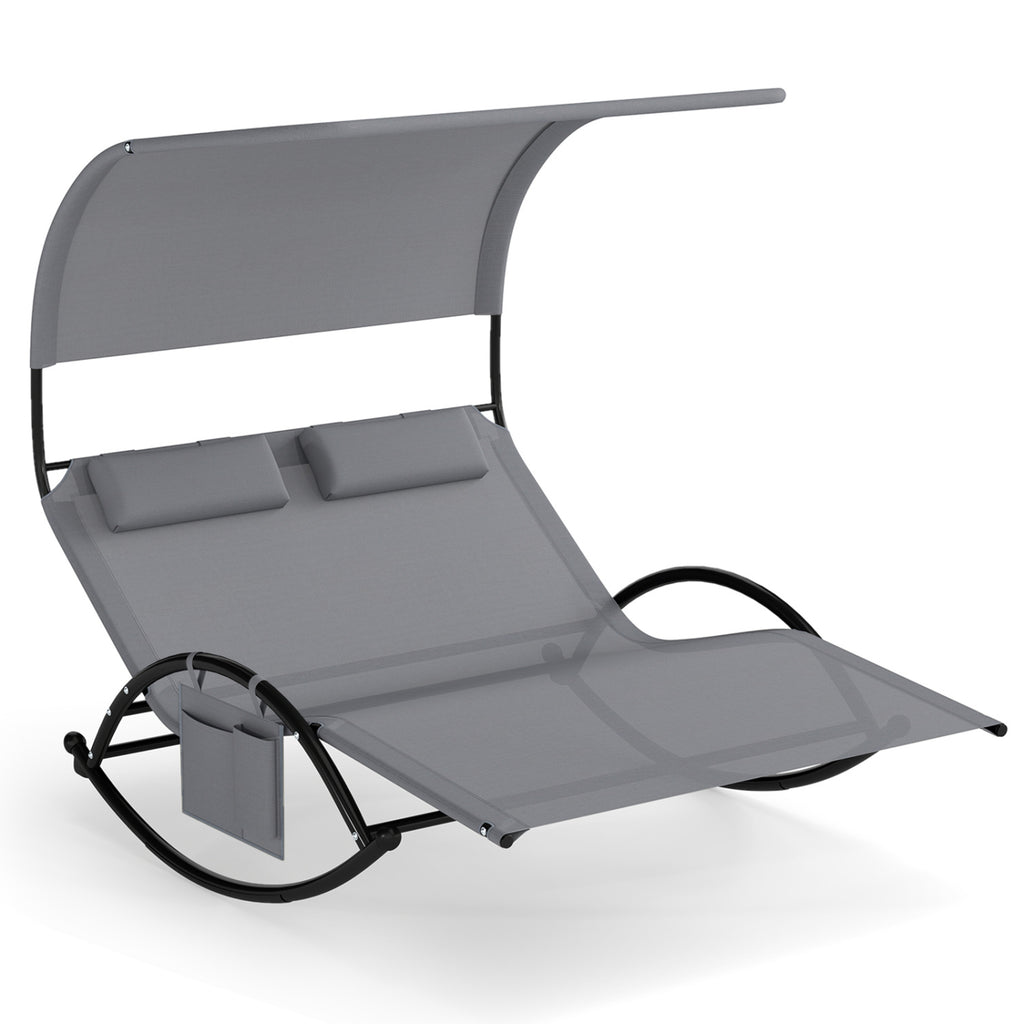 2-Person Outdoor Rocking Sunbed with Canopy & Headrests – Gray