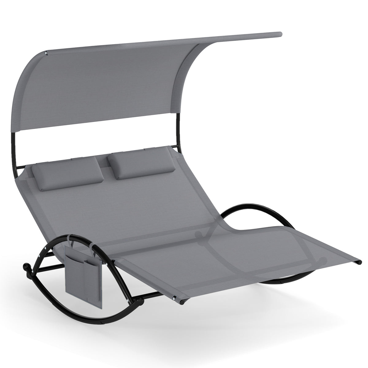2-Person Outdoor Rocking Sunbed with Canopy & Headrests – Gray