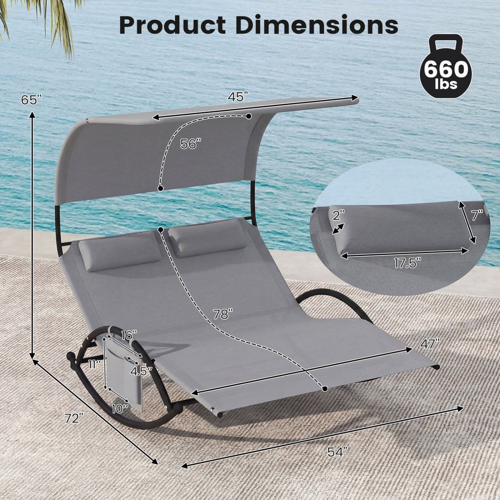 2-Person Outdoor Rocking Sunbed with Canopy & Headrests – Gray
