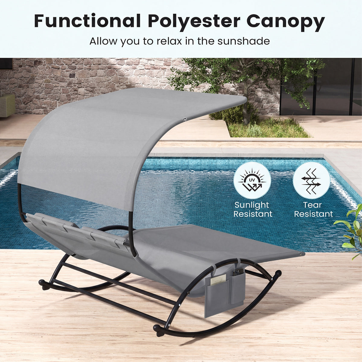 Outdoor Dual Rocker Sunbed 2-Person Canopied Patio Lounger with