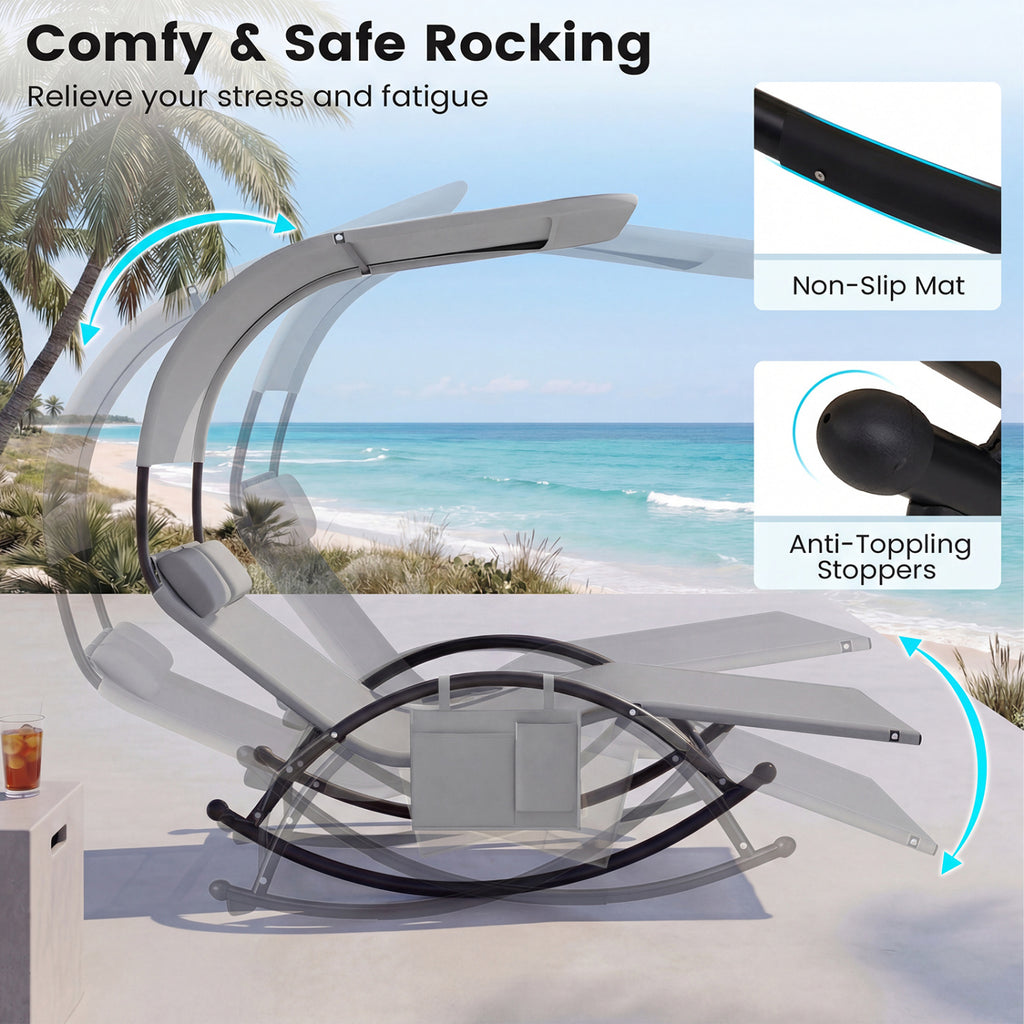 2-Person Outdoor Rocking Sunbed with Canopy & Headrests – Gray