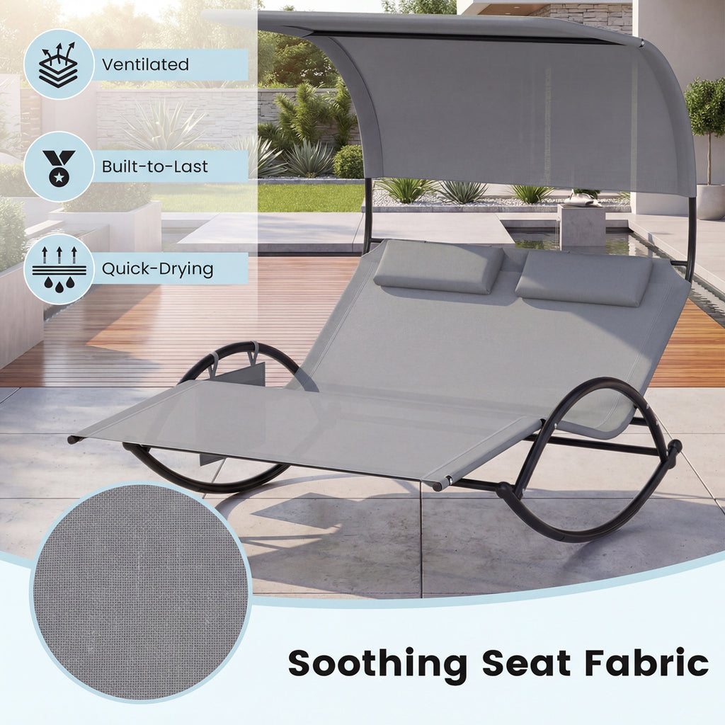 2-Person Outdoor Rocking Sunbed with Canopy & Headrests – Gray