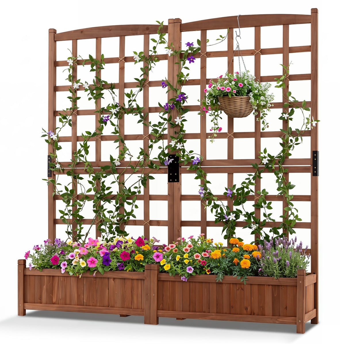 Outdoor Dual Wooden Raised Garden Bed with Trellis and Drainage Holes