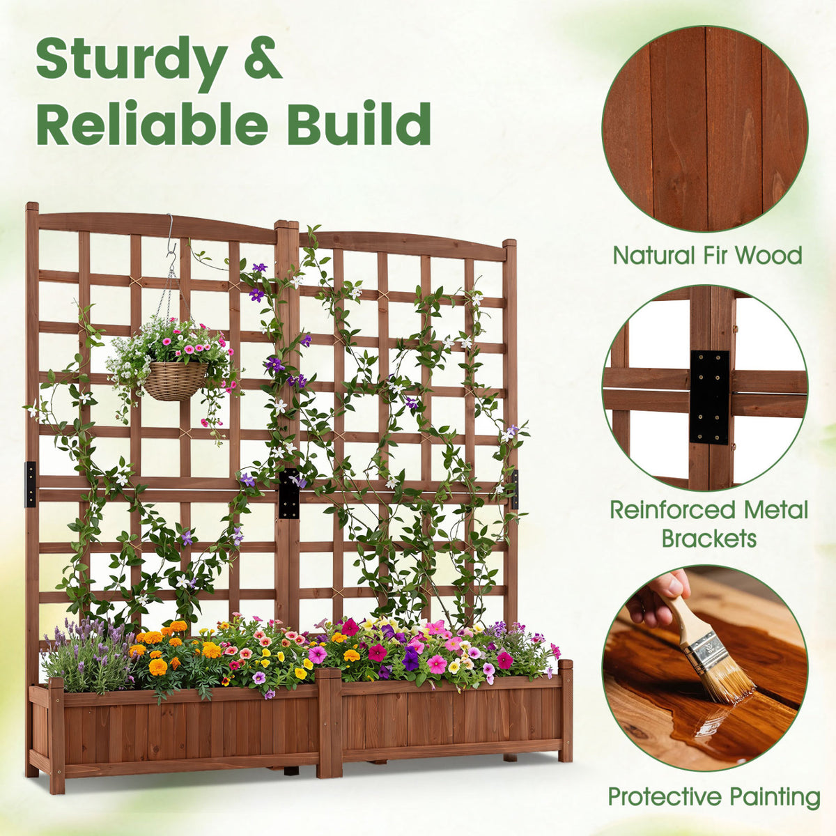 Outdoor Dual Wooden Raised Garden Bed with Trellis and Drainage Holes