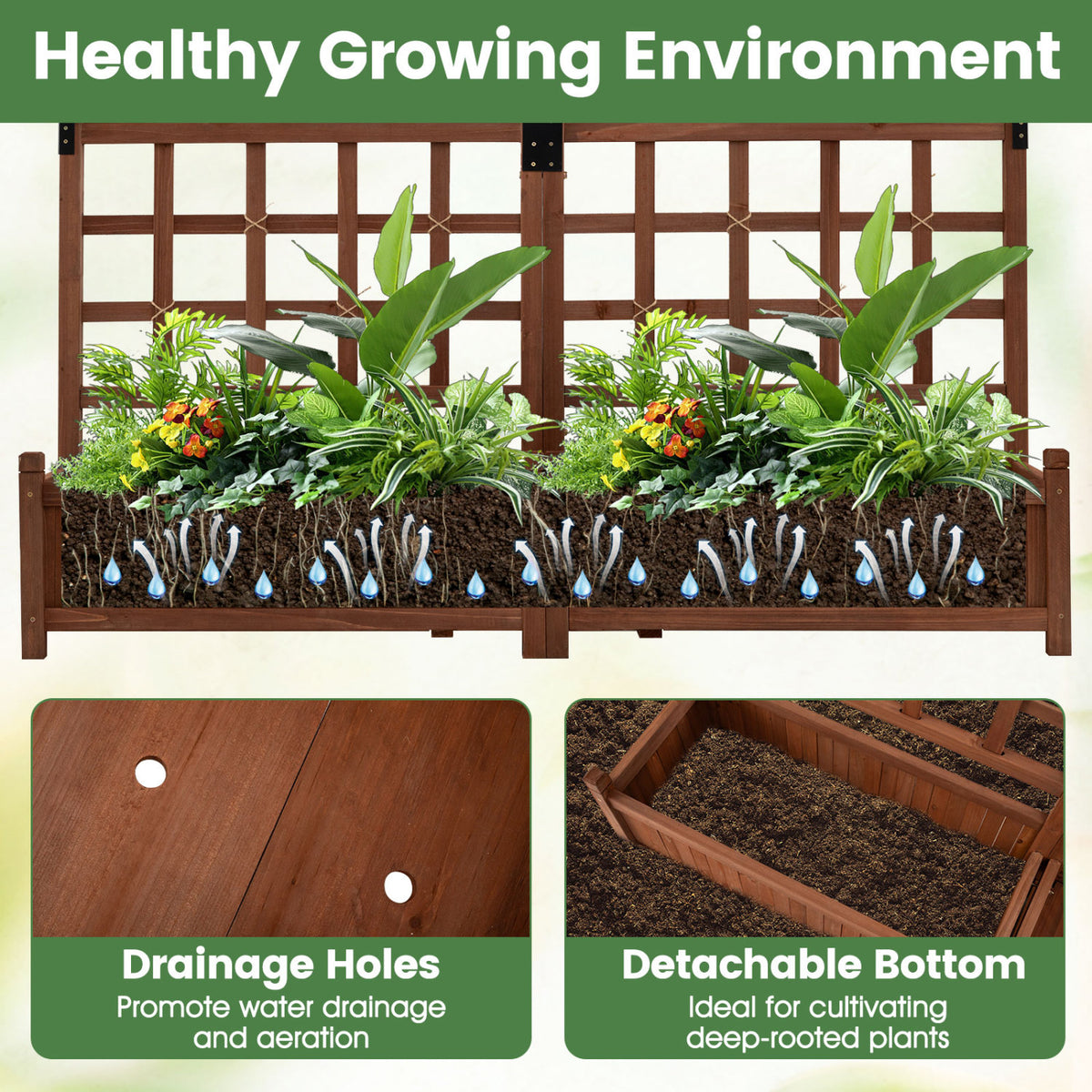 Outdoor Dual Wooden Raised Garden Bed with Trellis and Drainage Holes