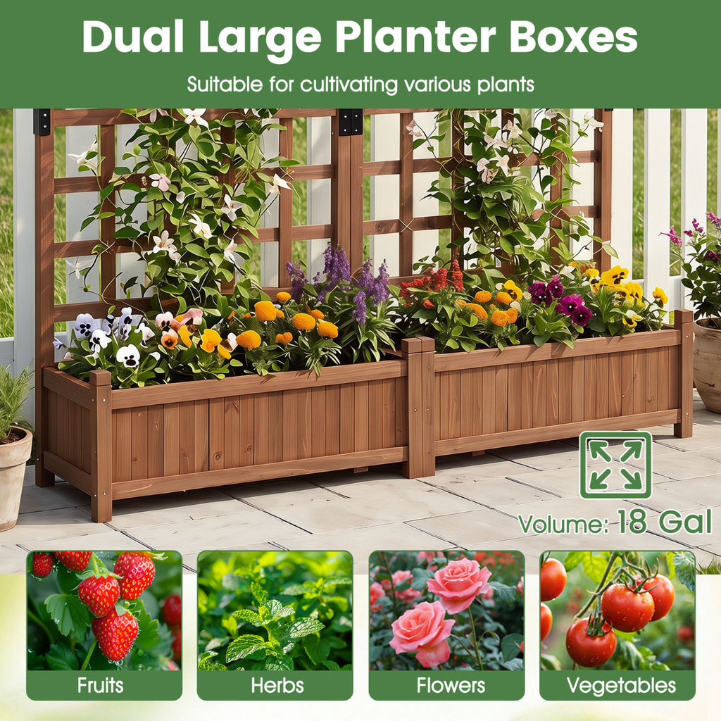 Outdoor Dual Wooden Raised Garden Bed with Trellis and Drainage Holes