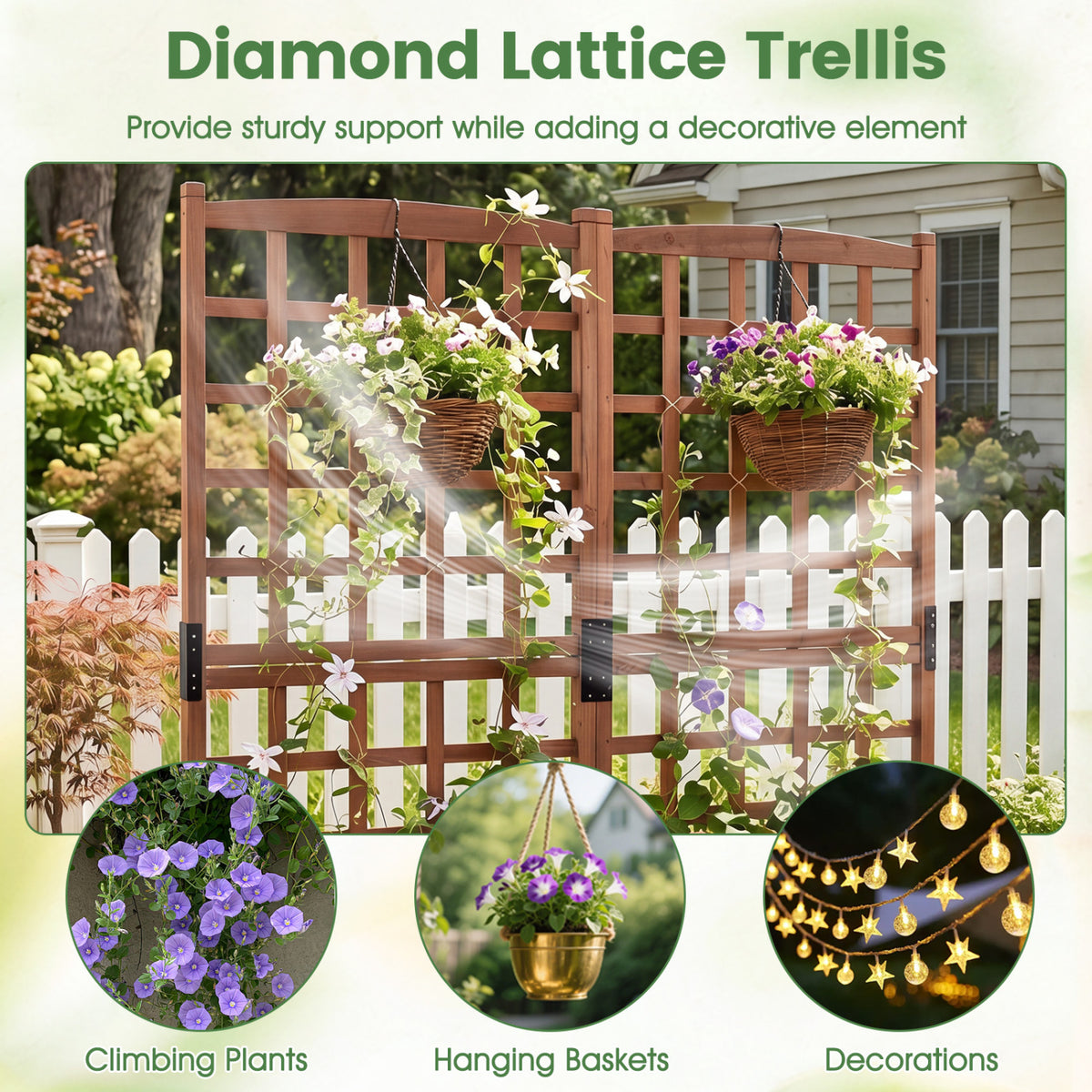 Outdoor Dual Wooden Raised Garden Bed with Trellis and Drainage Holes