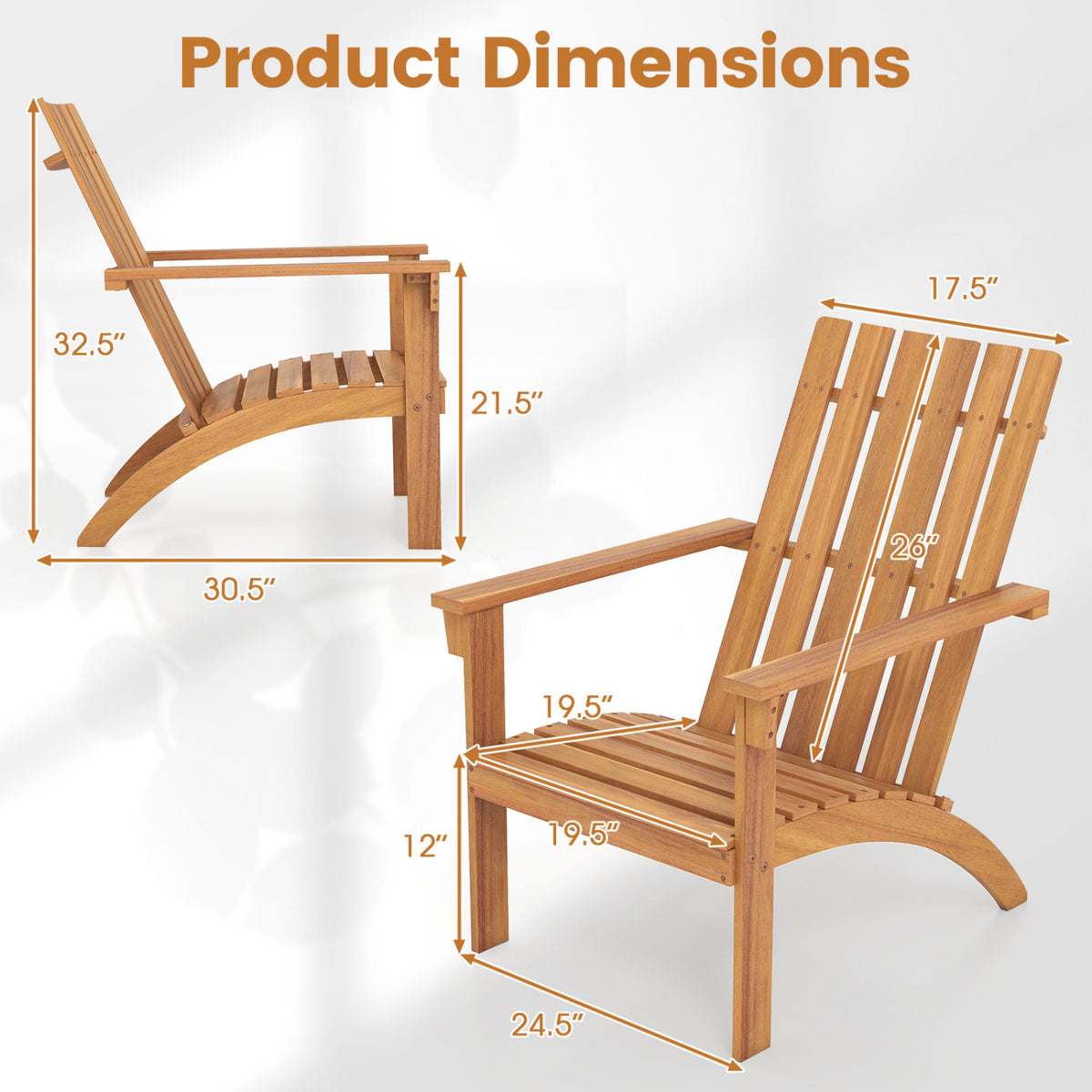 Acacia Wood Adirondack Chair 350 lbs - Style 3, Natural