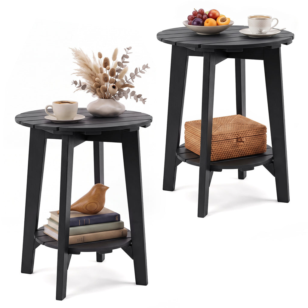 Set of 2 2-Tier Outdoor Eucalyptus Wood Side Table with Slatted