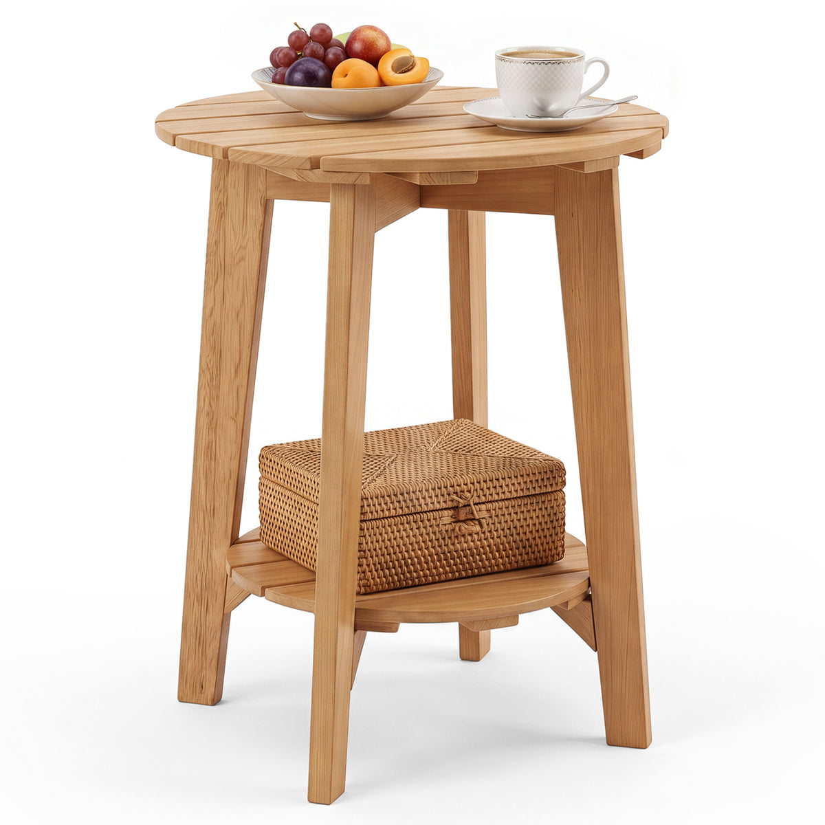 Set of 2 2-Tier Outdoor Eucalyptus Wood Side Table with Slatted
