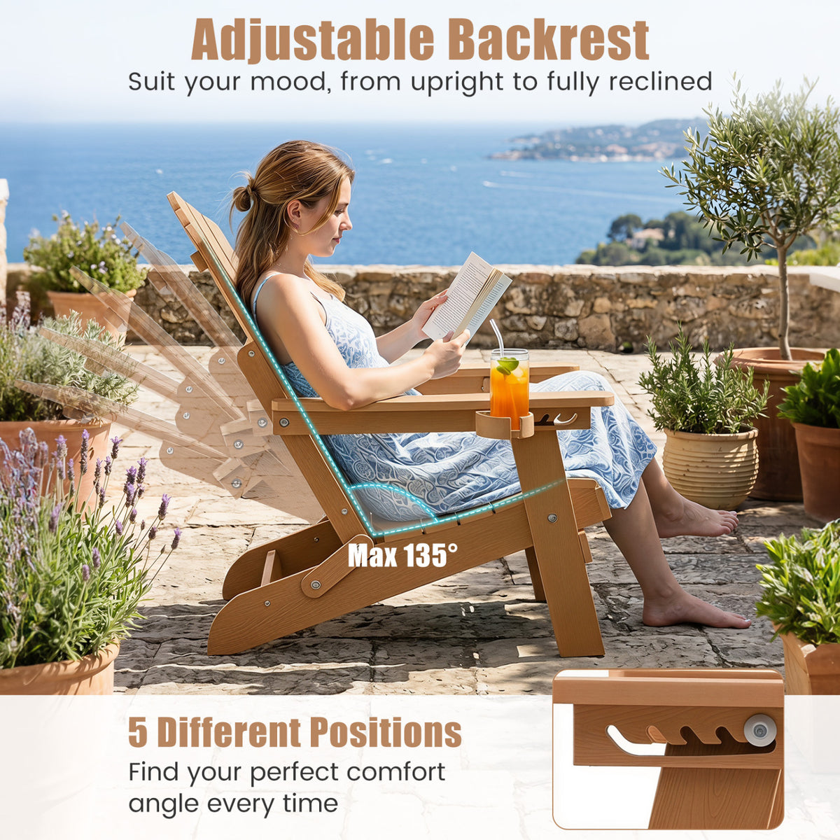 Outdoor Folding Adirondack Chair with Cup Holder and 5-Level Backrest