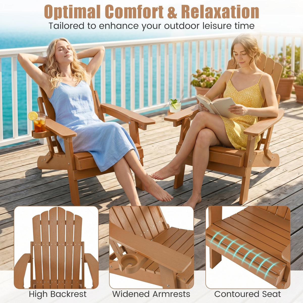 Outdoor Folding Adirondack Chair with Cup Holder and 5-Level Backrest
