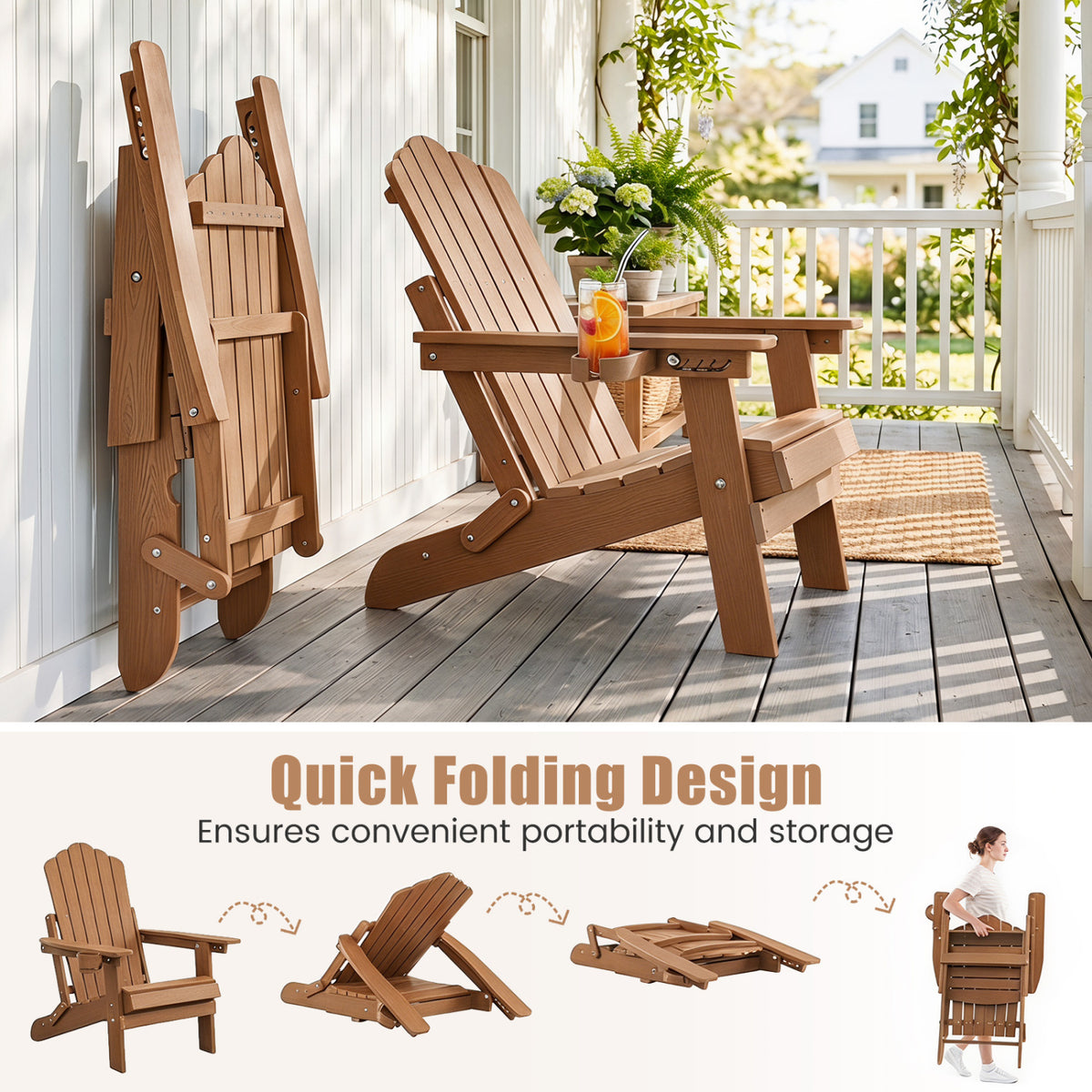 Outdoor Folding Adirondack Chair with Cup Holder and 5-Level Backrest