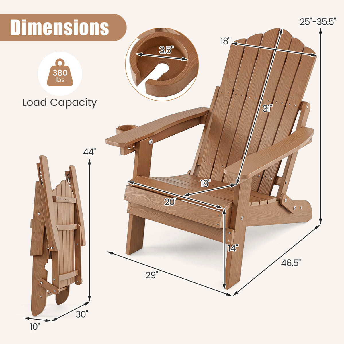 Outdoor Folding Adirondack Chair with Cup Holder and 5-Level Backrest