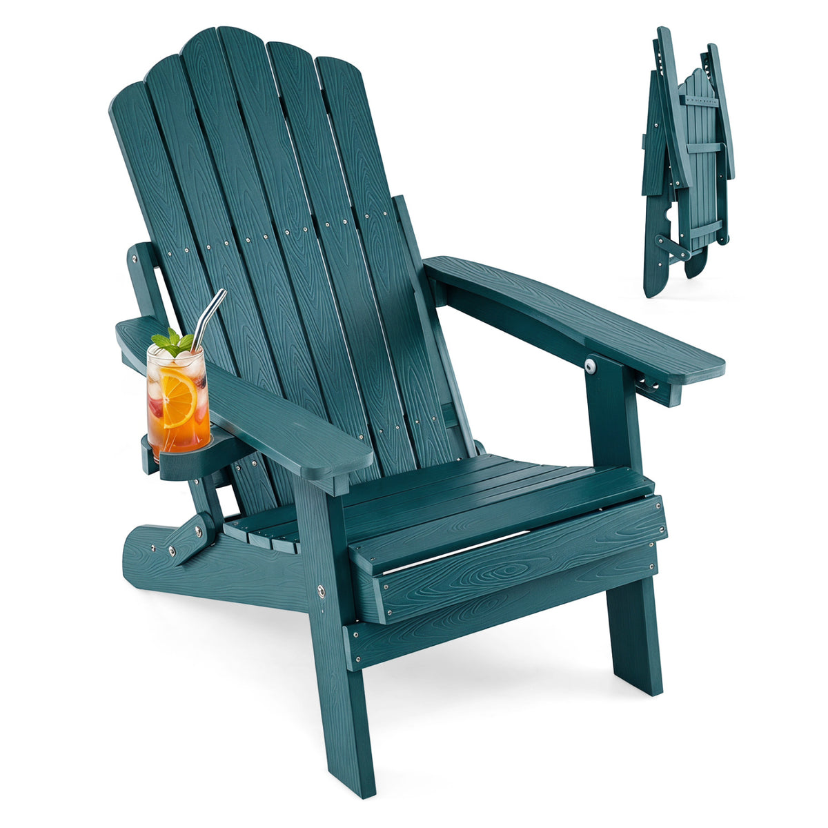 Outdoor Folding Adirondack Chair with Cup Holder and 5-Level Backrest