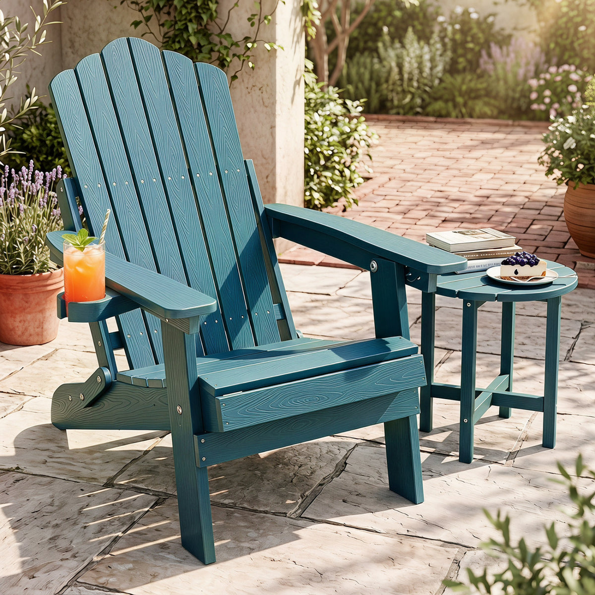 Outdoor Folding Adirondack Chair with Cup Holder and 5-Level Backrest