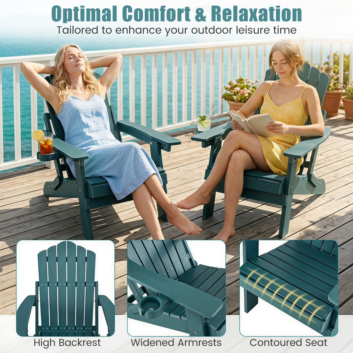 Outdoor Folding Adirondack Chair with Cup Holder and 5-Level Backrest