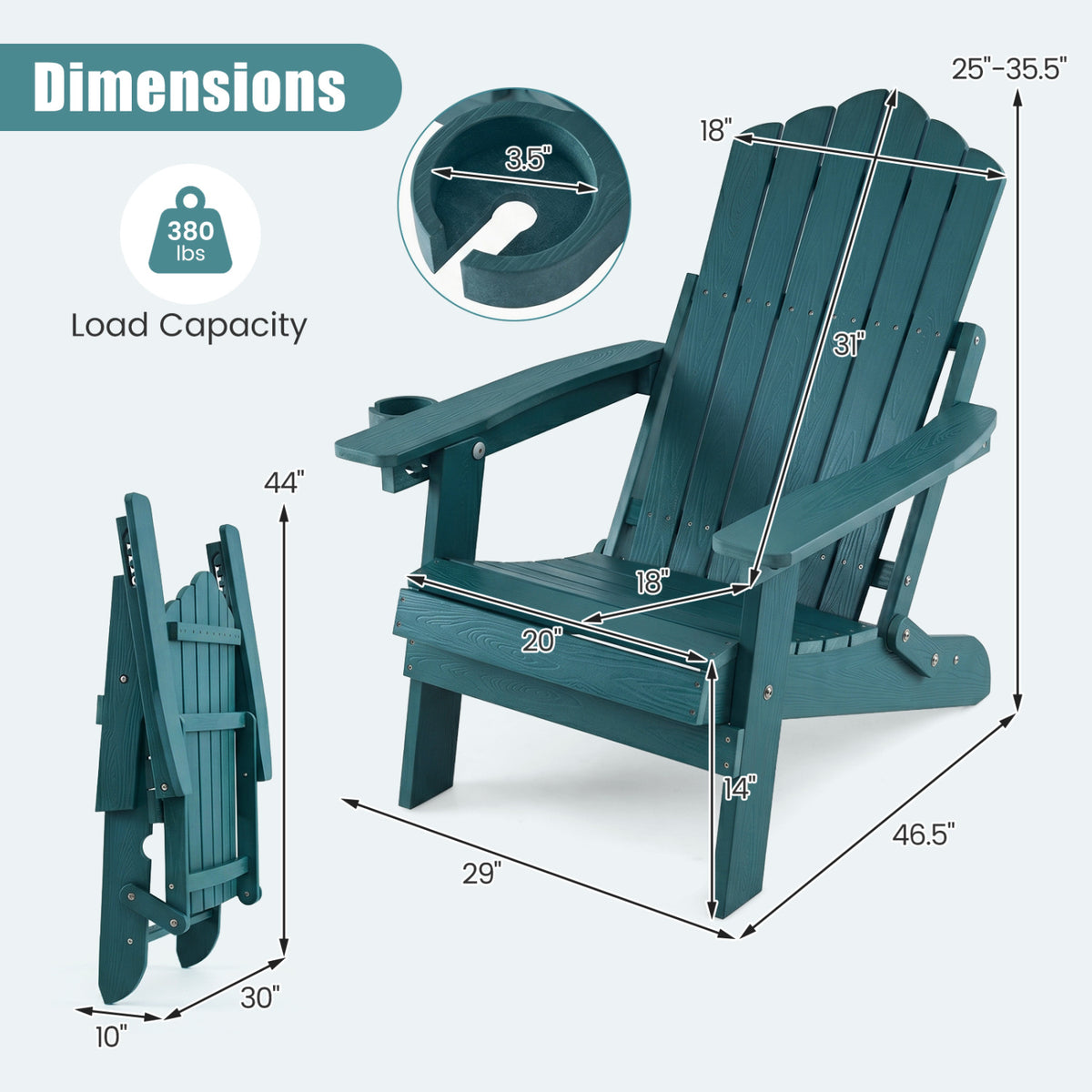 Outdoor Folding Adirondack Chair with Cup Holder and 5-Level Backrest