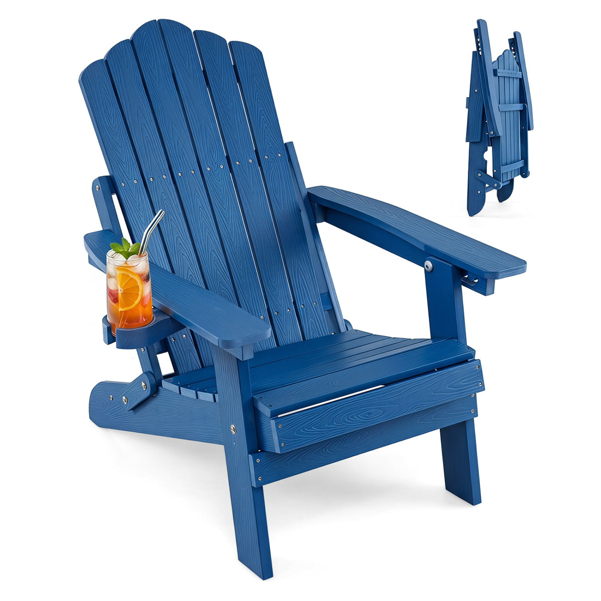 Outdoor Folding Adirondack Chair with Cup Holder and 5-Level Backrest