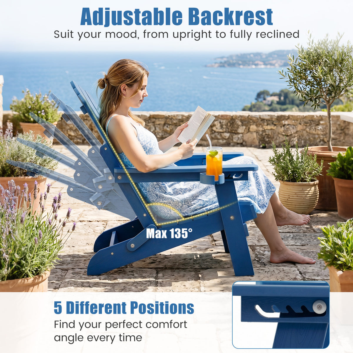 Outdoor Folding Adirondack Chair with Cup Holder and 5-Level Backrest