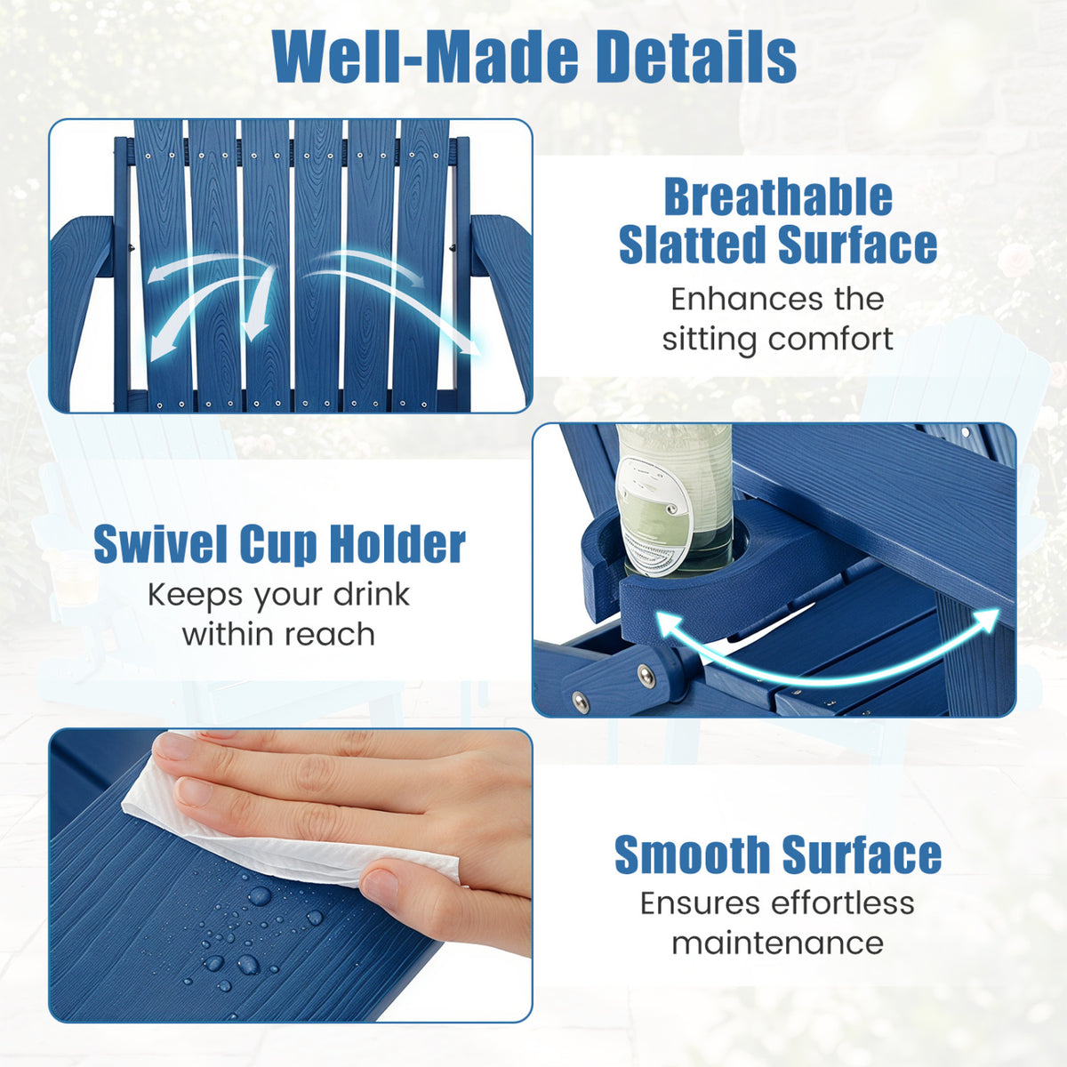 Outdoor Folding Adirondack Chair with Cup Holder and 5-Level Backrest