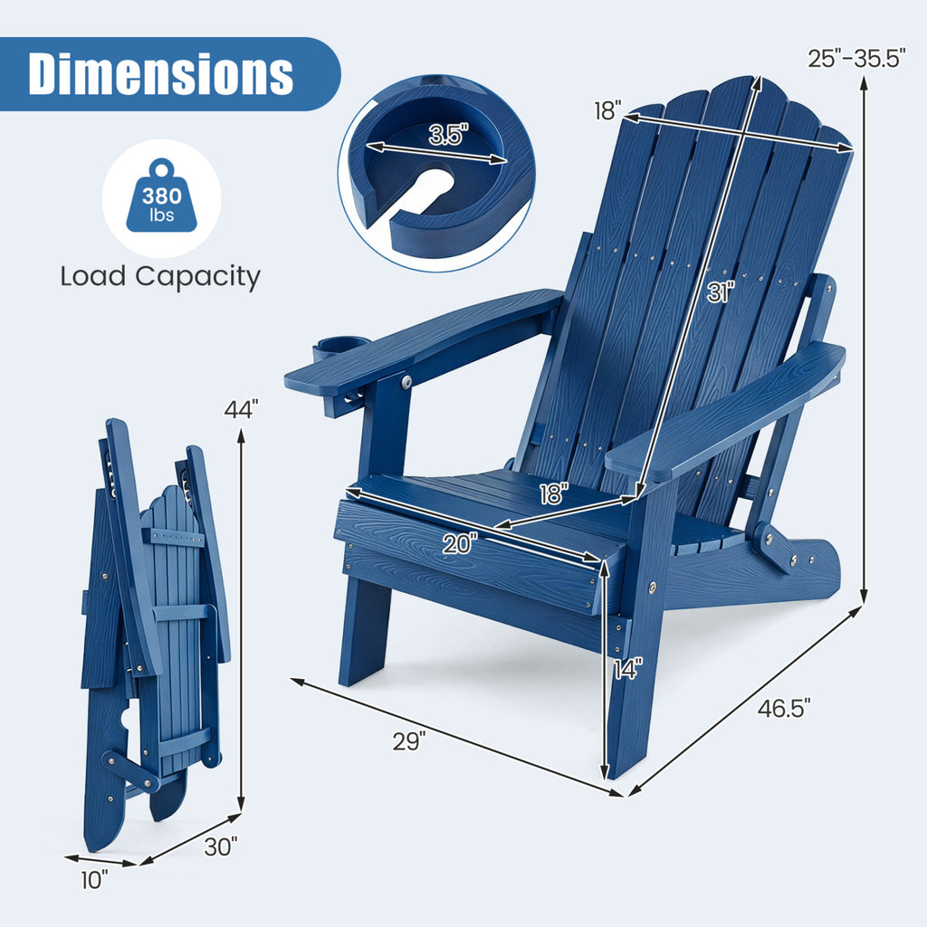 Outdoor Folding Adirondack Chair with Cup Holder and 5-Level Backrest