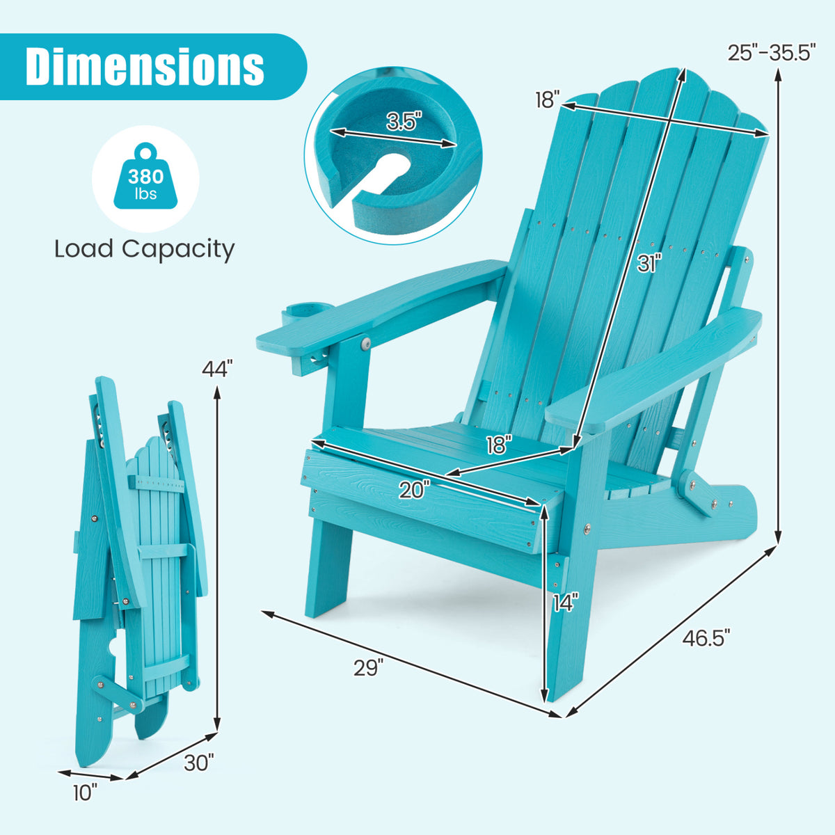 Outdoor Folding Adirondack Chair with Cup Holder and 5-Level Backrest