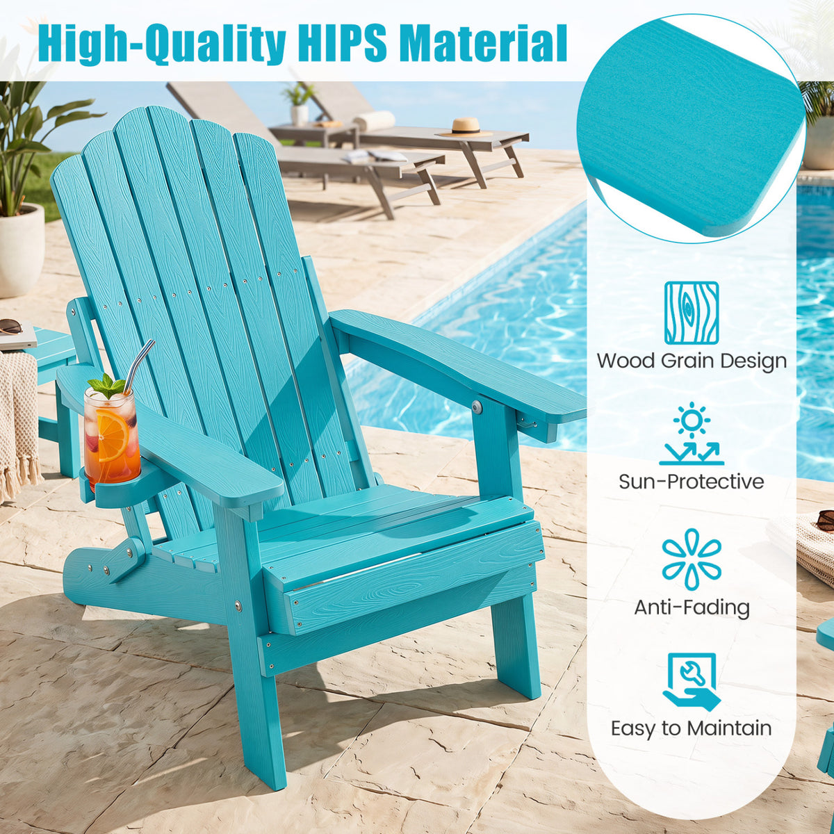 Outdoor Folding Adirondack Chair with Cup Holder and 5-Level Backrest