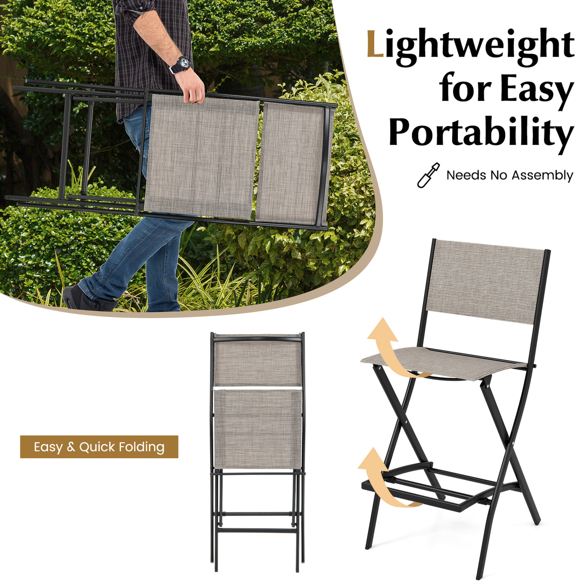 Outdoor Folding Bar Height Stool Set of 4 with Metal Frame and