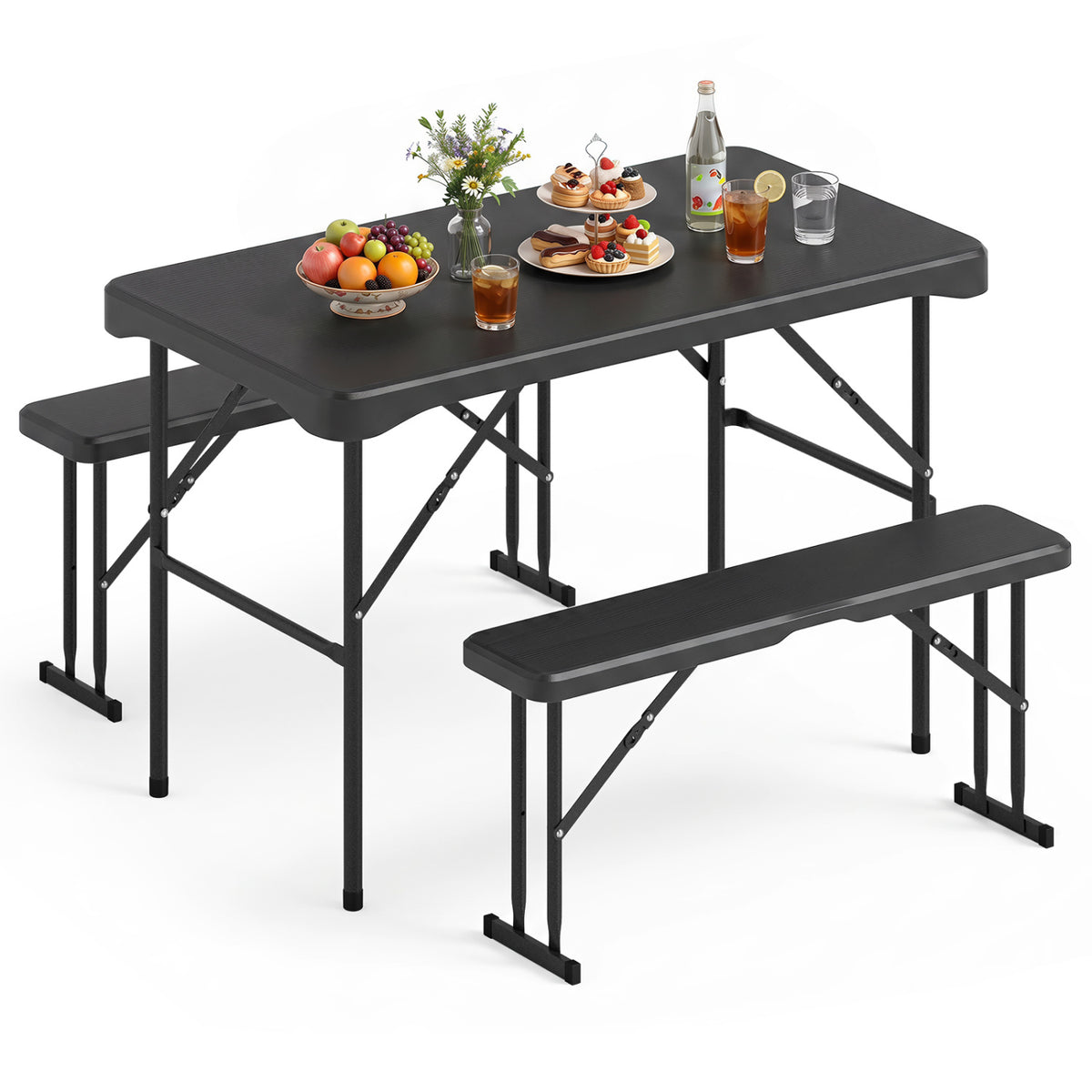 Outdoor Folding Table Bench Set HDPE Tabletop Black
