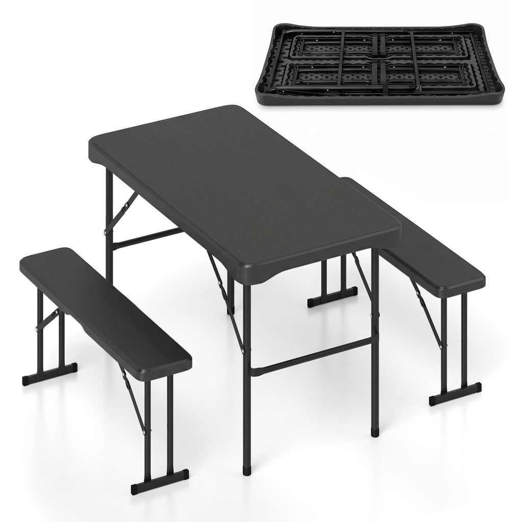 Outdoor Folding Table Bench Set HDPE Tabletop Black
