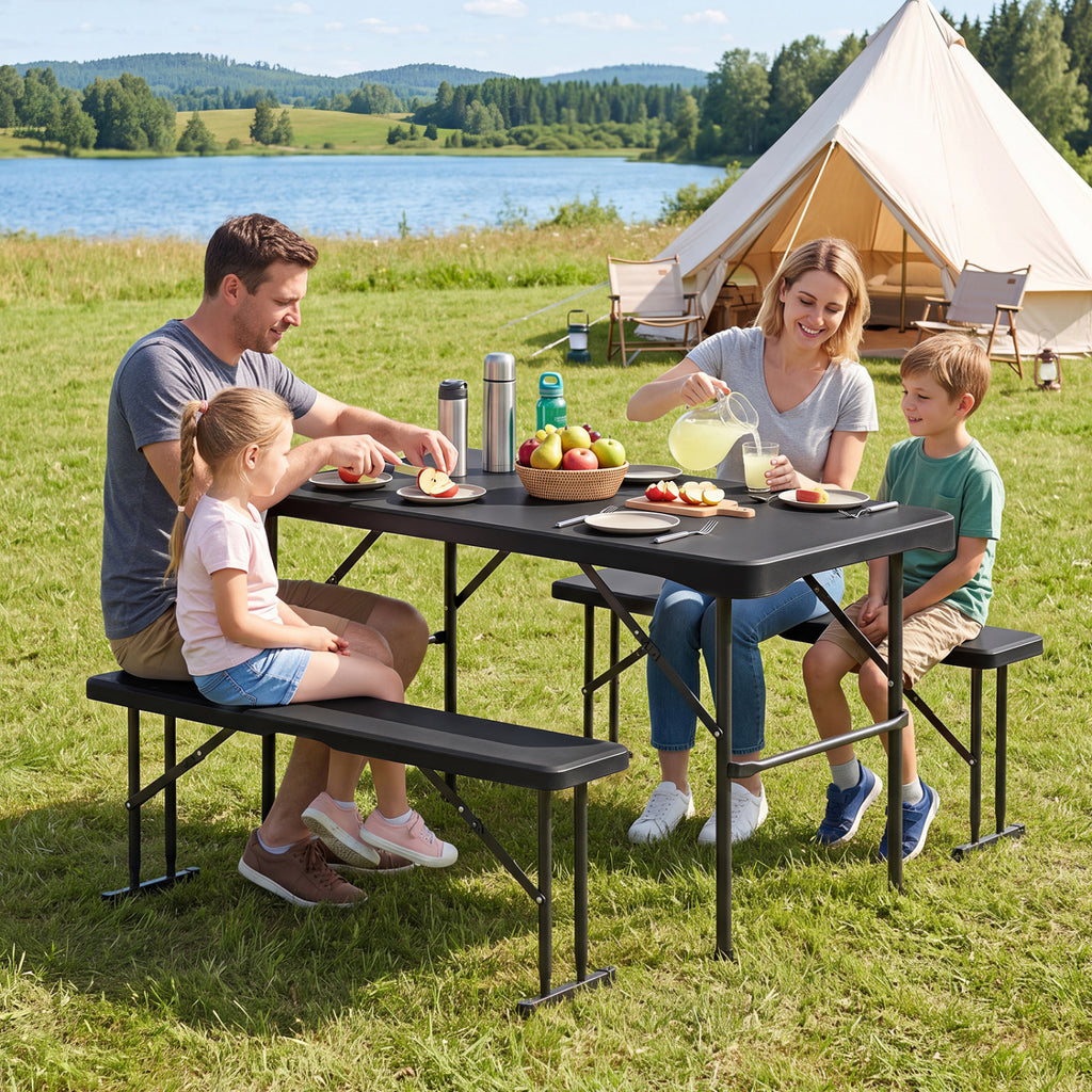 Outdoor Folding Table Bench Set HDPE Tabletop Black