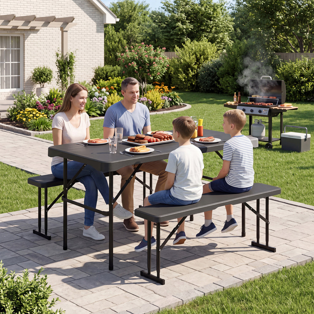 Outdoor Folding Table Bench Set HDPE Tabletop Black