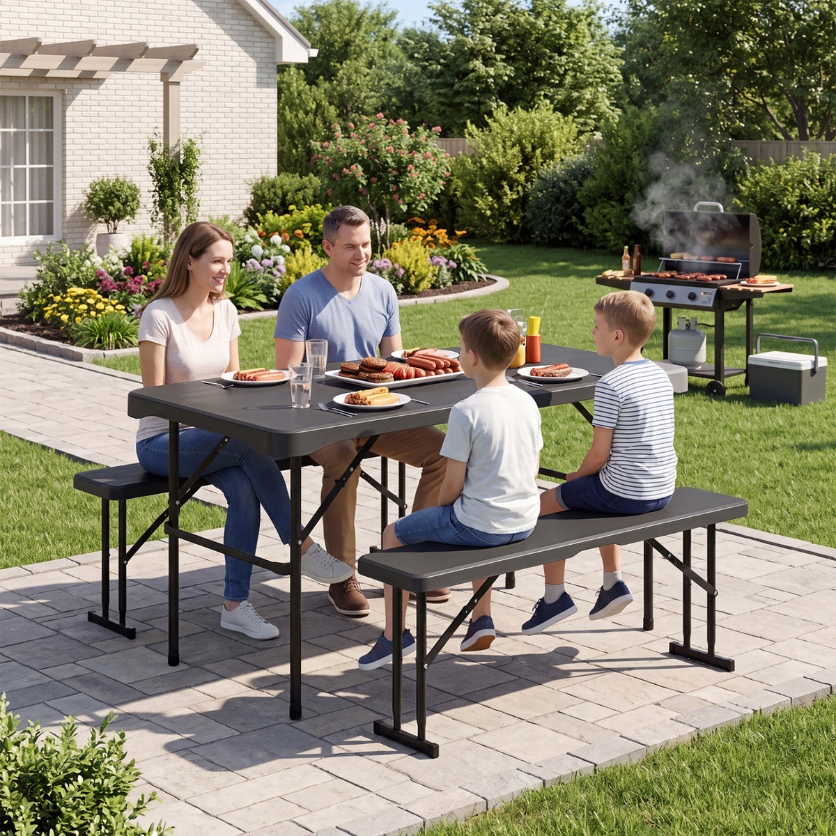 Outdoor Folding Table Bench Set HDPE Tabletop Black