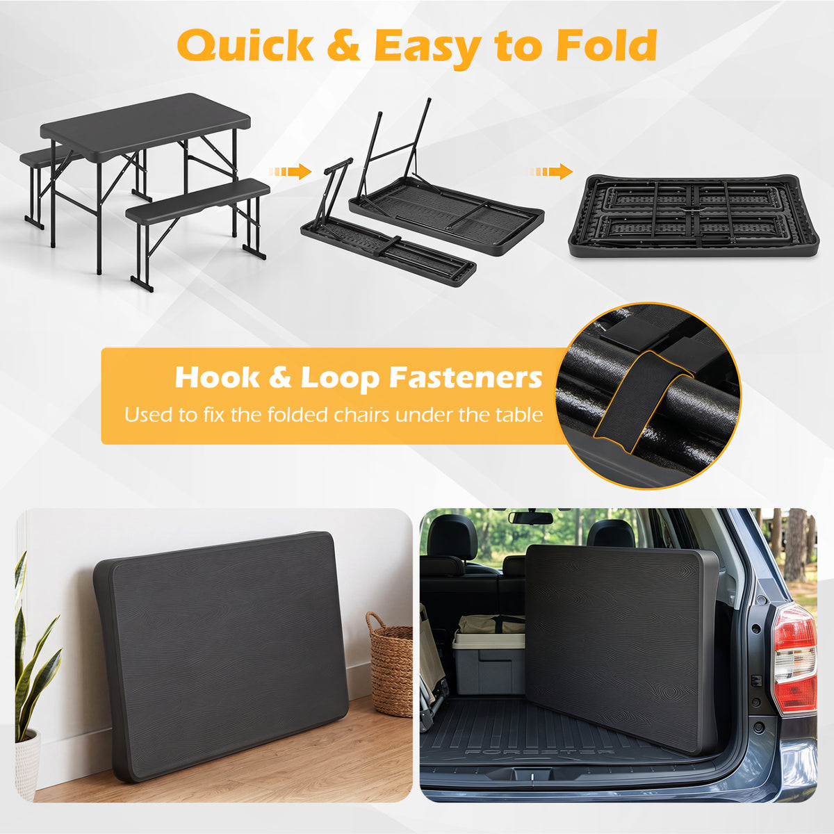 Outdoor Folding Table Bench Set HDPE Tabletop Black