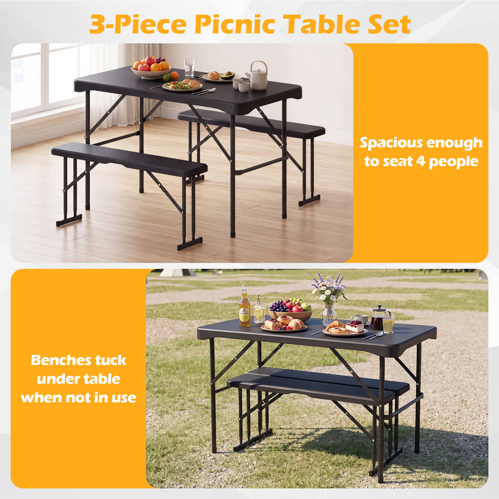 Outdoor Folding Table Bench Set HDPE Tabletop Black