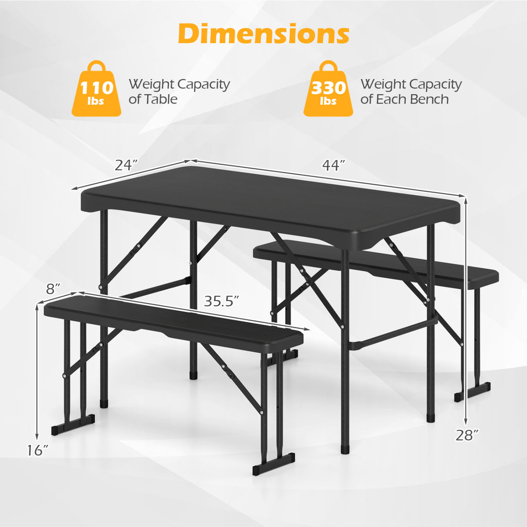Outdoor Folding Table Bench Set HDPE Tabletop Black