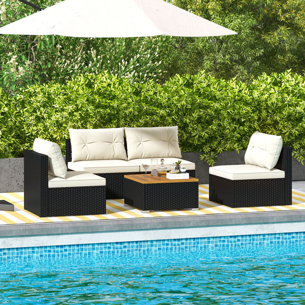 5-Piece Outdoor Furniture Set with Cushions – Wooden Tabletop, Off White