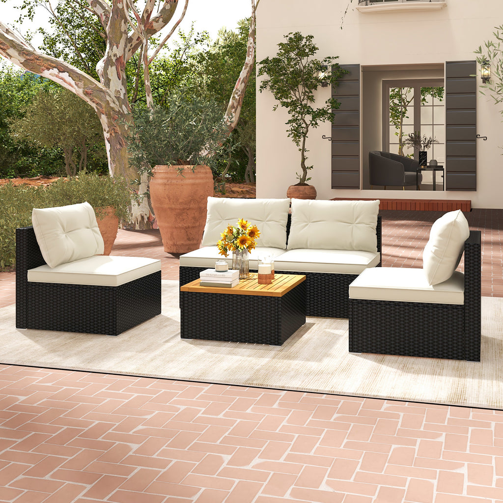 5-Piece Outdoor Furniture Set with Cushions – Wooden Tabletop, Off White