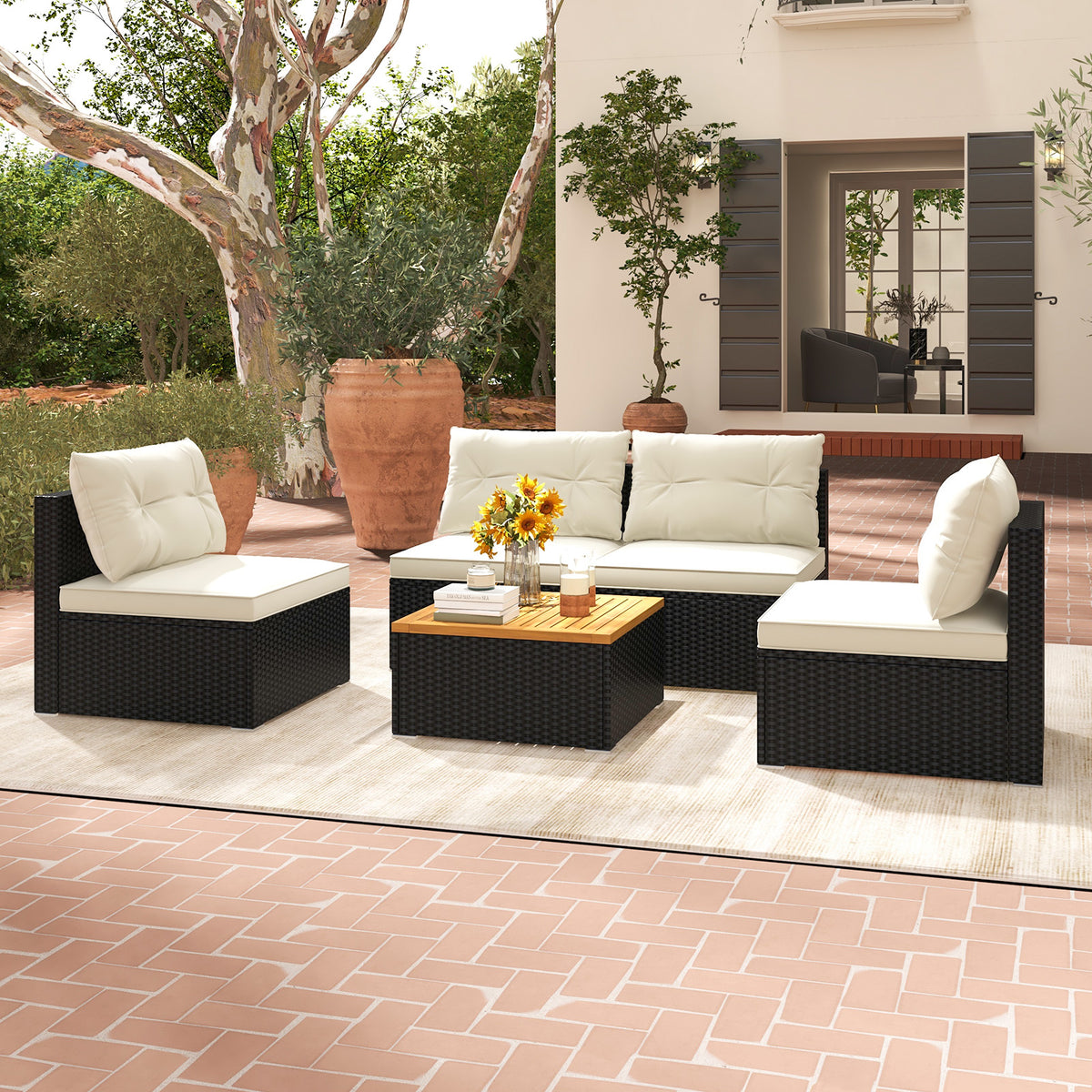 5-Piece Outdoor Furniture Set with Cushions – Wooden Tabletop, Off White