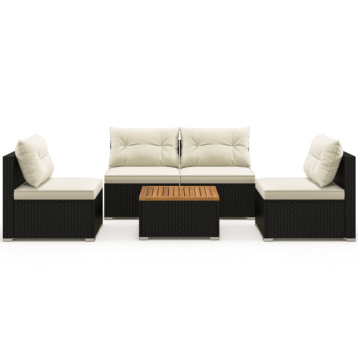 5-Piece Outdoor Patio Furniture Set with Cushions – Wooden Tabletop, Gray