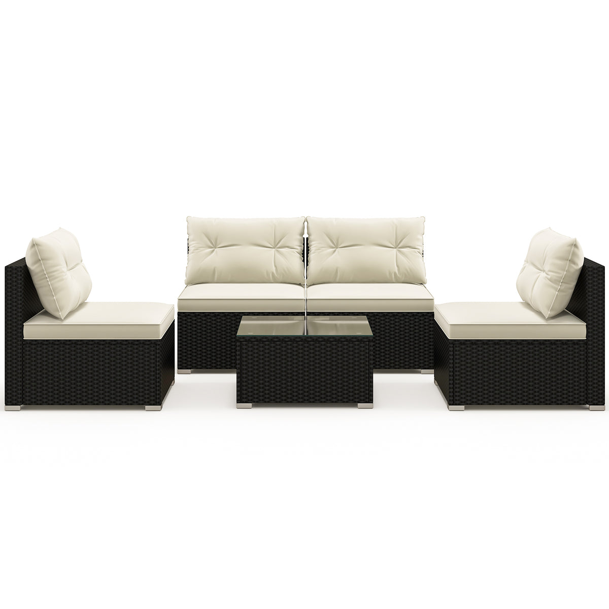 5 Piece Rattan Patio Set with Cushions - Wooden Tabletop, Navy