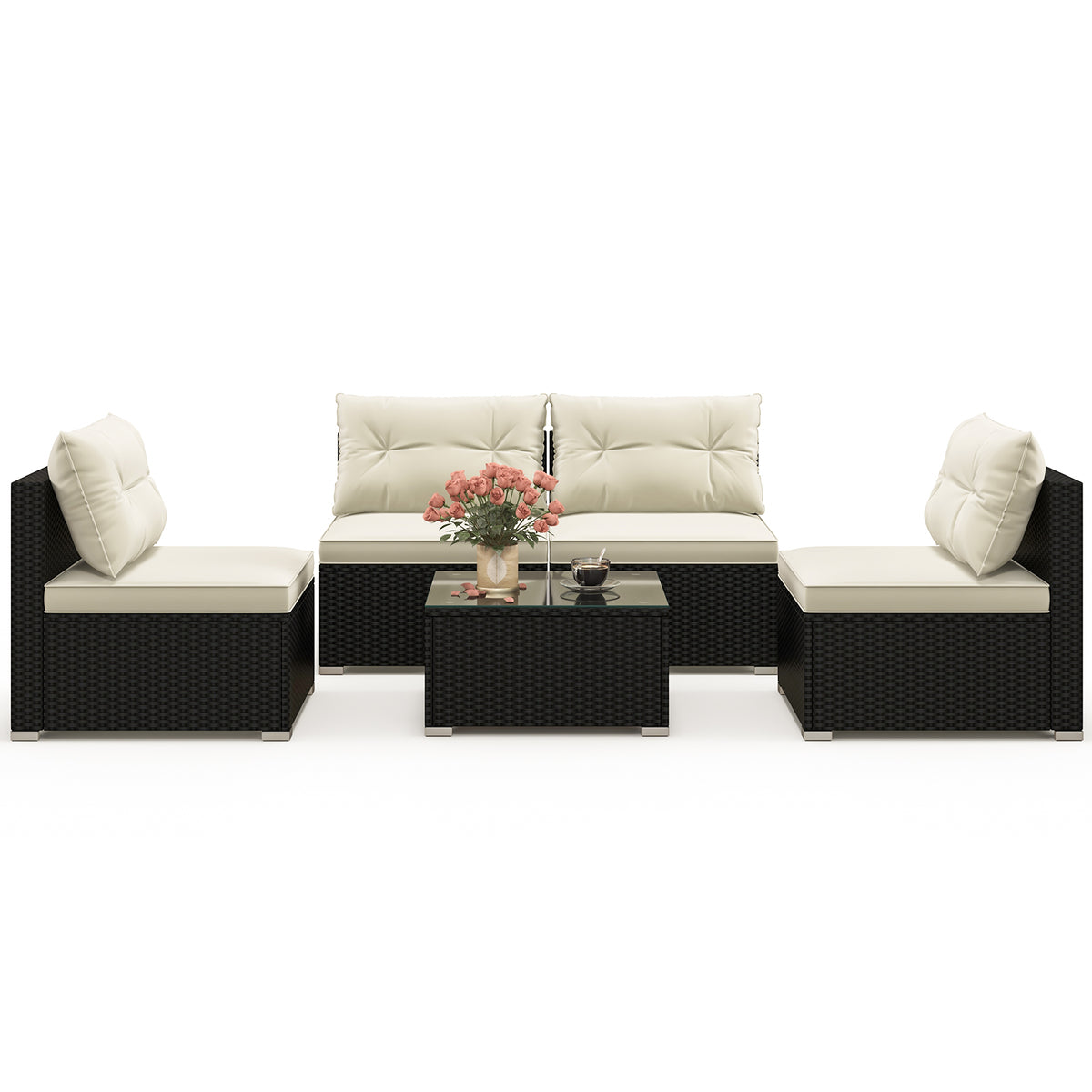 5-Piece Outdoor Patio Furniture Set with Cushions - Glass Tabletop